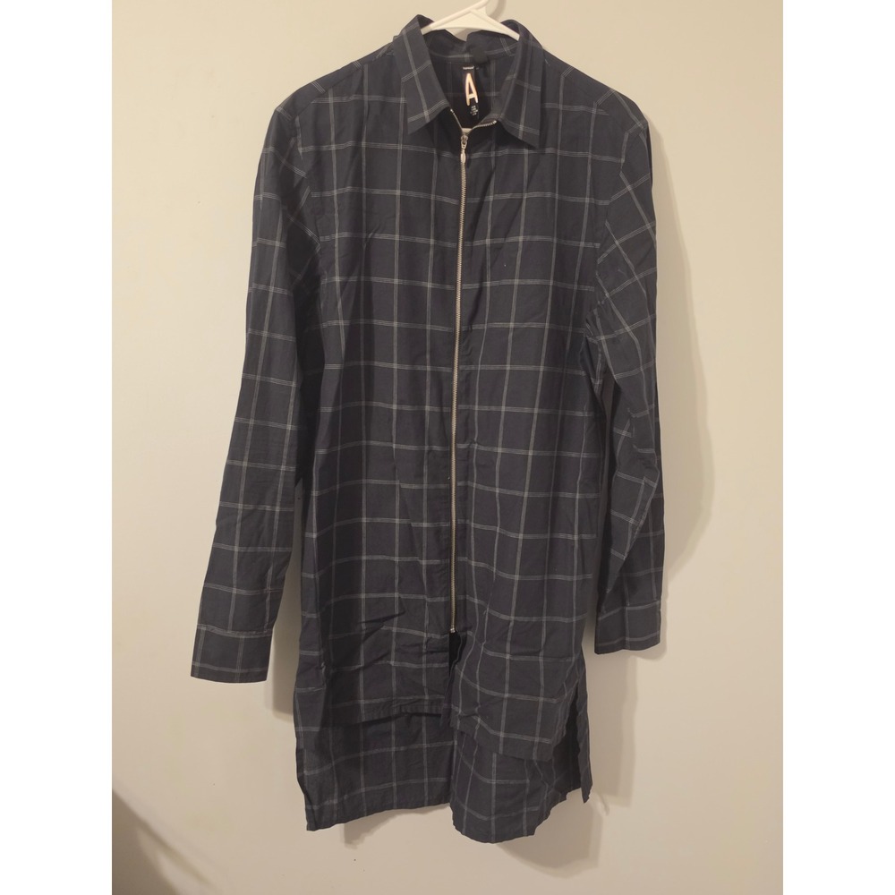 Topman Mens Black Grid Windowpane Zip Up Longline Shirt High Low Hem Size Medium